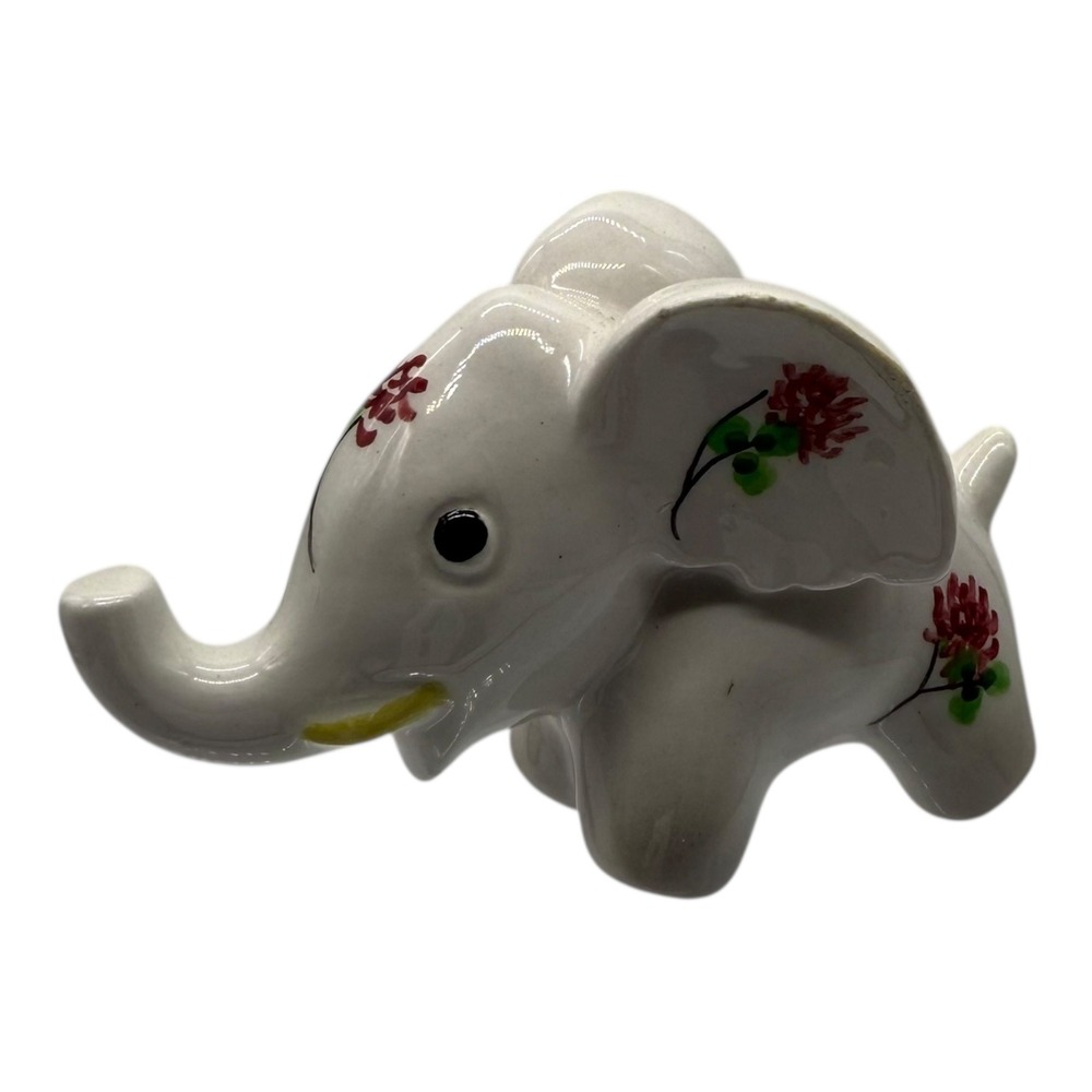Vintage Italy Ceramic Elephant Figurine Floral Accents Pepper Shaker Decor